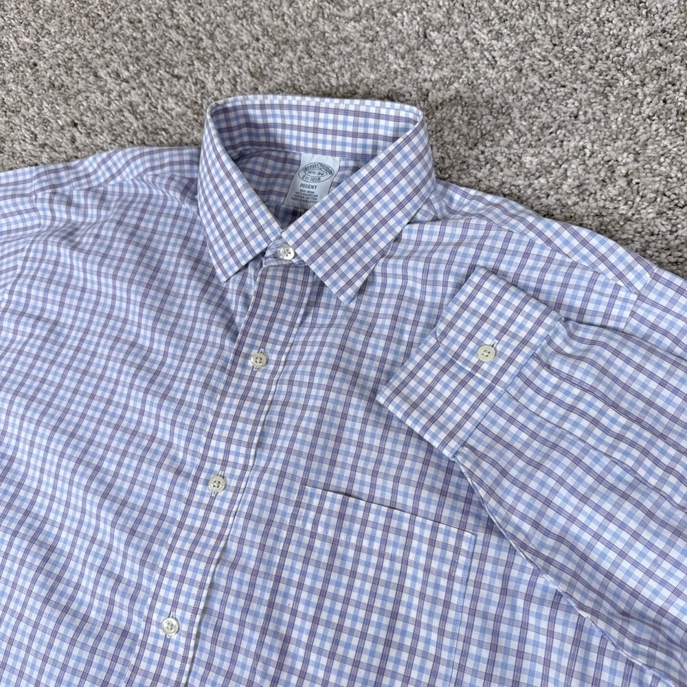 Brooks Brothers Shirt Mens 16.5 34 Blue Purple Gingham Regent Non Iron Button Up